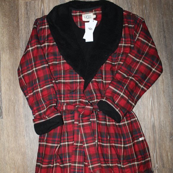 NWT UGG MEN'S KALIB PLAID FLANNEL LINED BATH ROBE RED BLACK M/L - Picture 5 of 8